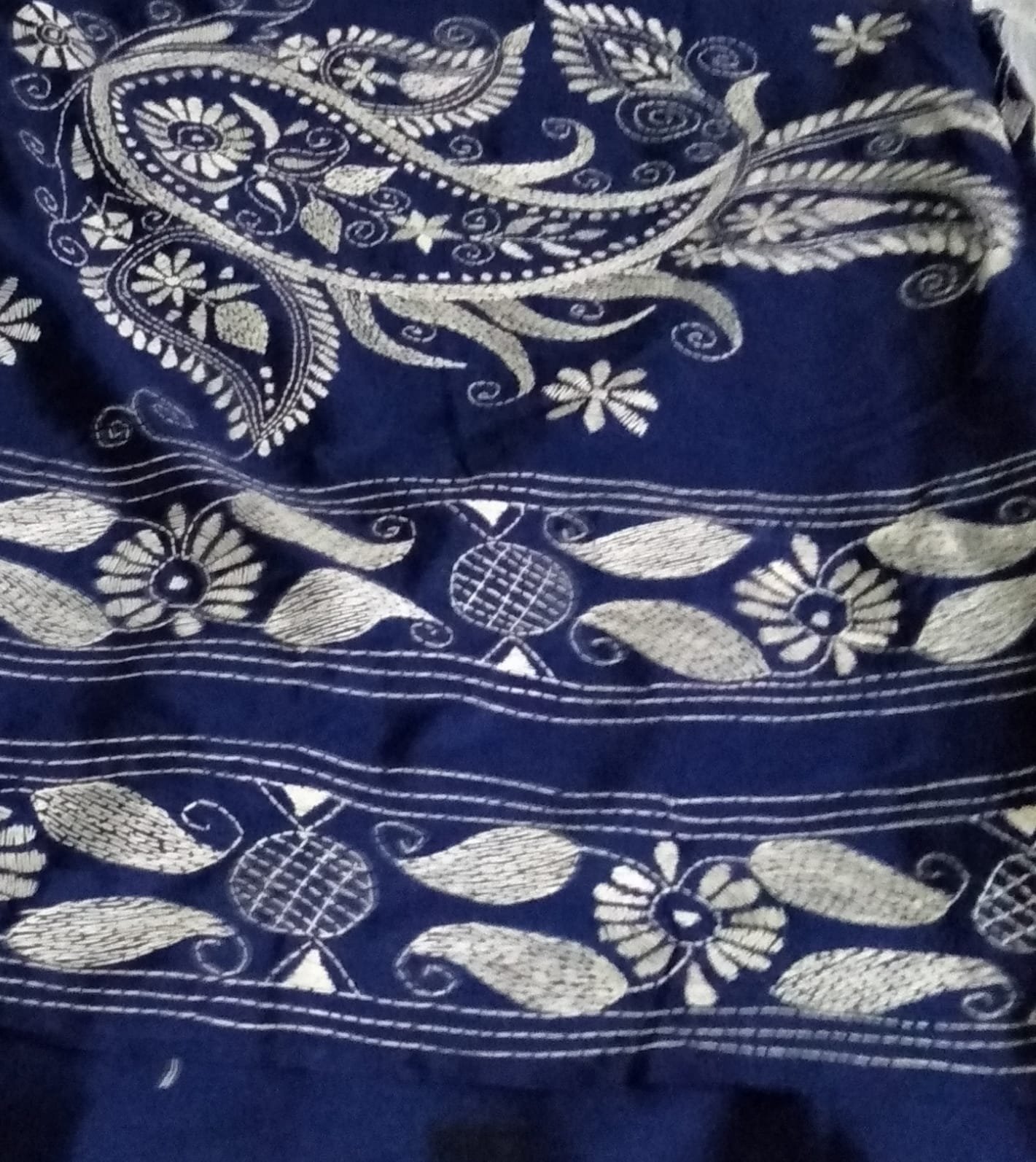 Blended Art Silk Kantha Stitch Saree (Blue)