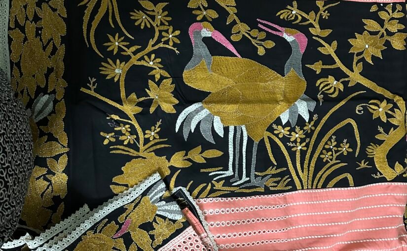 Hakoba Kantha Stitch Saree(Pink, Green)