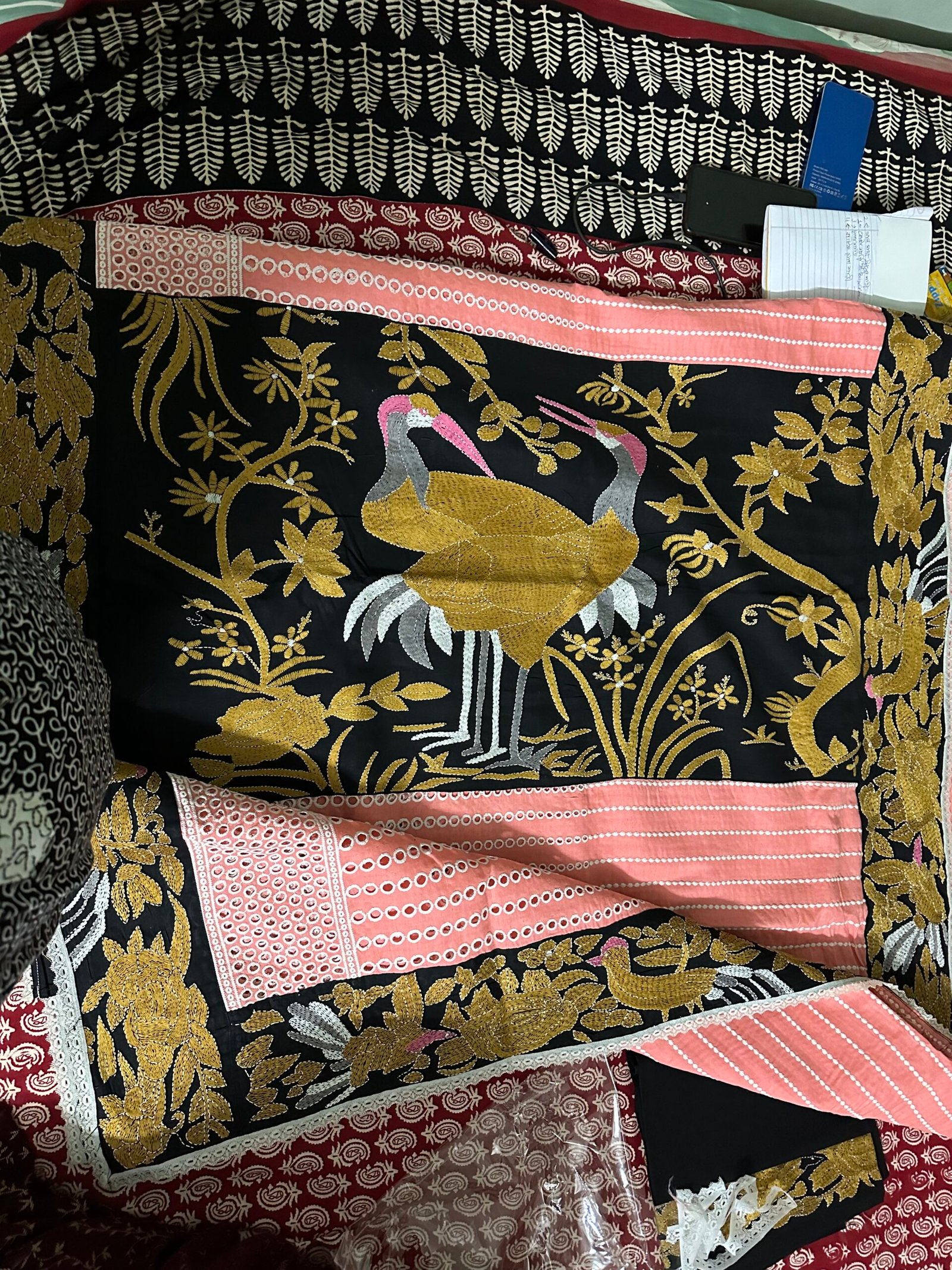 Hakoba Kantha Stitch Saree(Pink, Green)