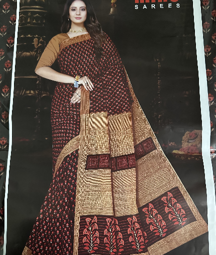 Green & Brown printed cotton Saree