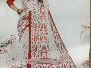 White red printed cotton Saree