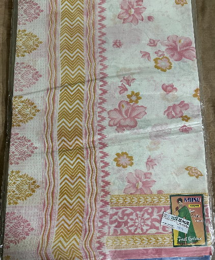 Pink & White printed cotton saree