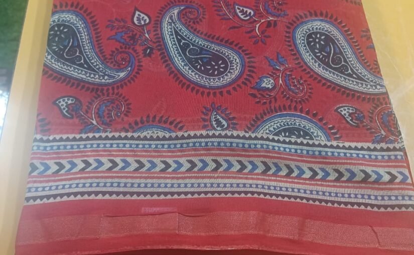 Chanderi Saree with red Mango Kolka design