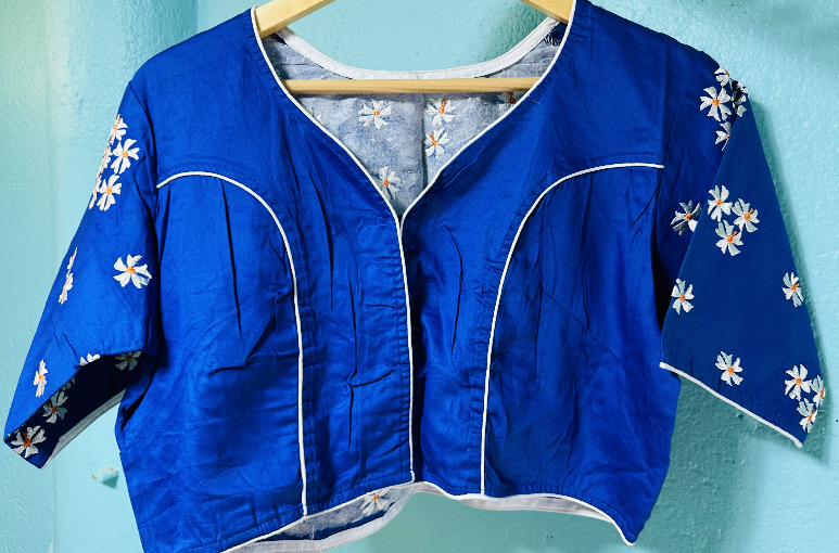 Butter Silk Blouse with Suili Phool Design Blue